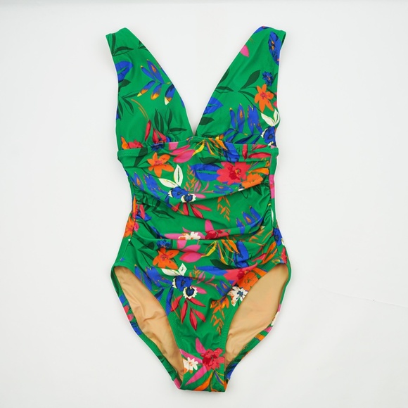 New JCREW Size XS Ruched Plunge One-Piece Swimsuit Bright Clover Multi $98 CI099 - Picture 5 of 6